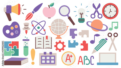 Back to school. A set of flat icons of stationery for studying at school. Collection of isolated education colorful kids accessory. vector object stuff design. cartoon graphic patch element children
