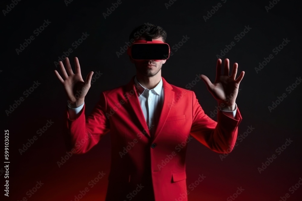 Male businessman wearing virtual reality glasses. VR concept. AI generated, human enhanced Male businessman wearing virtual reality glasses. VR concept. AI generated, human enhanced