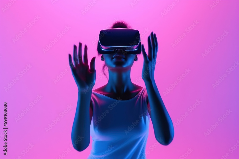 Young woman wearing virtual reality glasses in neon colors. AI generated, human enhanced. Young woman wearing virtual reality glasses in neon colors. AI generated, human enhanced.