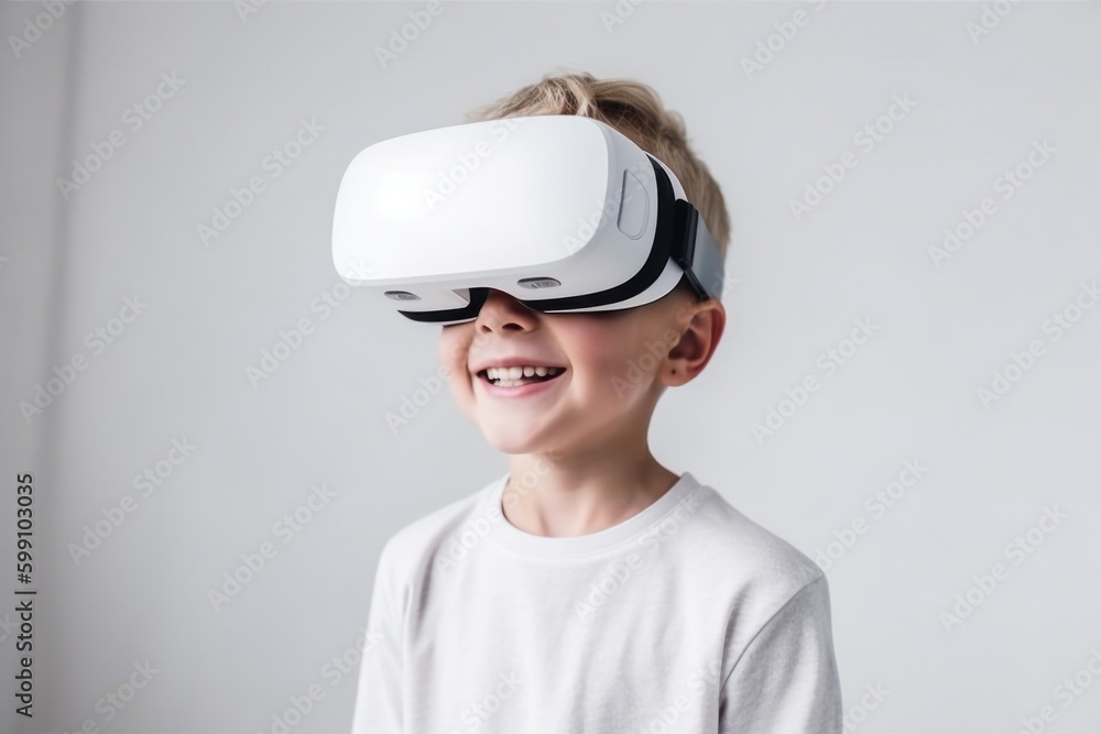 Boy child in virtual reality glasses. VR concept. AI generated, human enhanced Boy child in virtual reality glasses. VR concept. AI generated, human enhanced