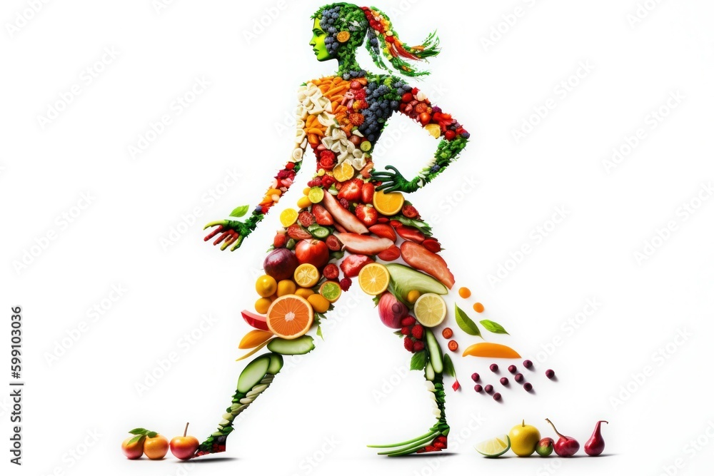 Fruit woman silhouette. Fresh fruits are laid out in the shape of a person. AI generated, human enhanced. Fruit woman silhouette. Fresh fruits are laid out in the shape of a person. AI generated, human enhanced.