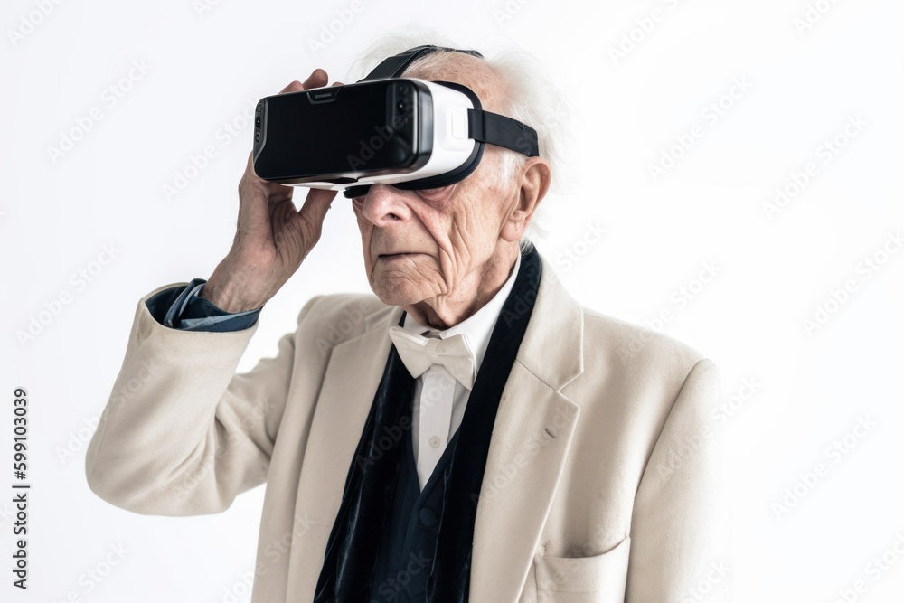 Old man wearing virtual reality glasses. VR concept. AI generated, human enhanced Old man wearing virtual reality glasses. VR concept. AI generated, human enhanced