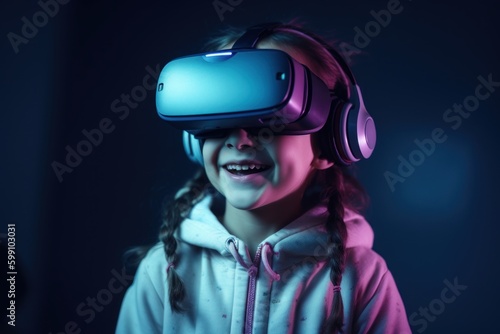Girl child in virtual reality glasses. VR concept. AI generated, human enhanced © top images
