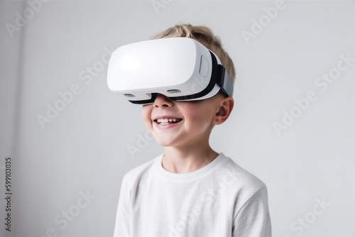 Boy child in virtual reality glasses. VR concept. AI generated, human enhanced