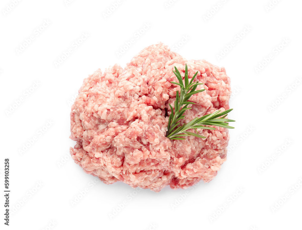 Raw fresh minced meat with rosemary isolated on white, top view Raw fresh minced meat with rosemary isolated on white, top view
