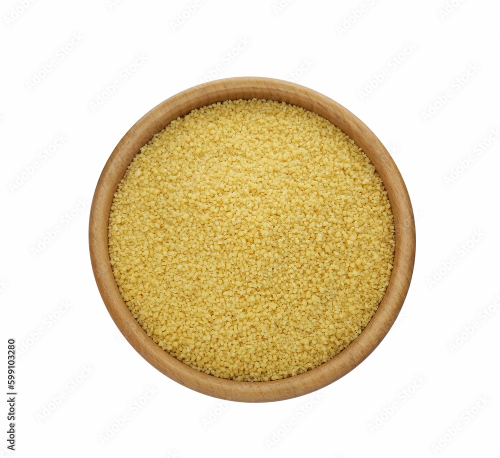 Bowl of raw couscous isolated on white, top view Bowl of raw couscous isolated on white, top view