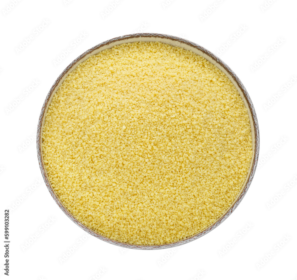 Bowl of raw couscous isolated on white, top view Bowl of raw couscous isolated on white, top view