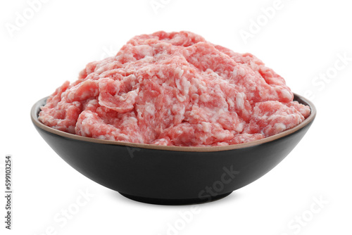 Bowl with raw fresh minced meat isolated on white
