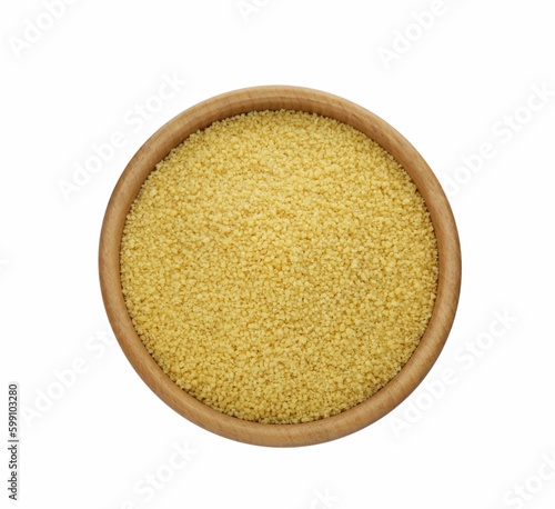 Bowl of raw couscous isolated on white, top view