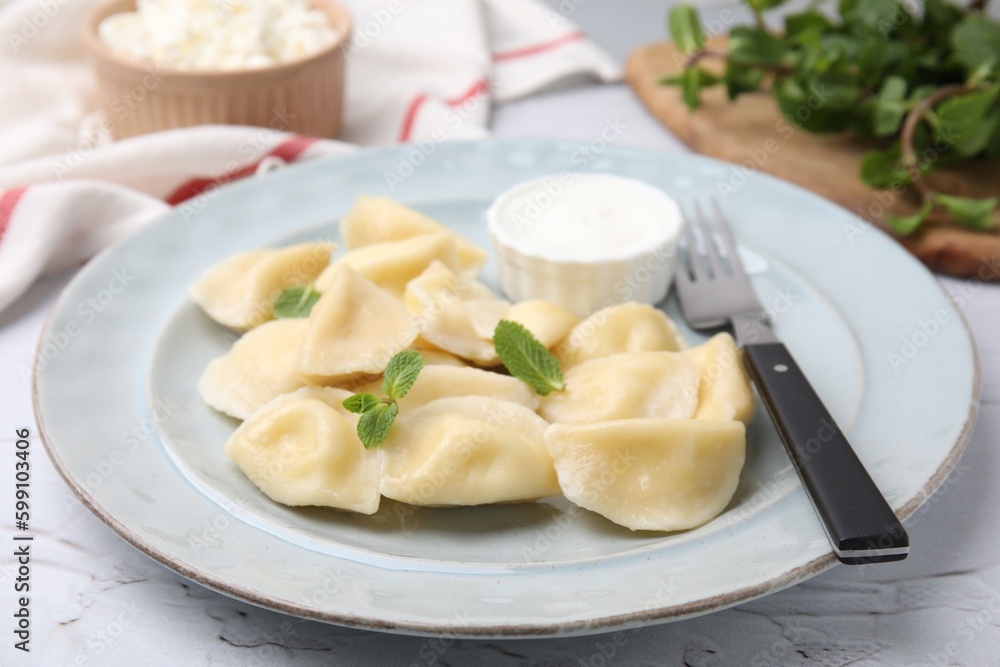 Delicious dumplings (varenyky) with cottage cheese, mint and sour cream served on table, closeup
