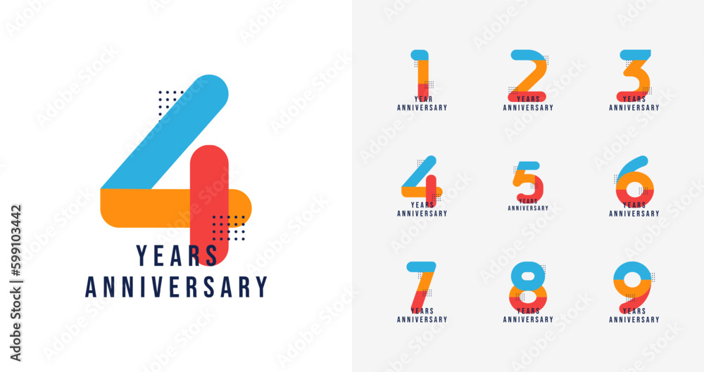 Set of creative anniversary logo. Anniversary number with colorful shape and geometric concept - obrazy, fototapety, plakaty 