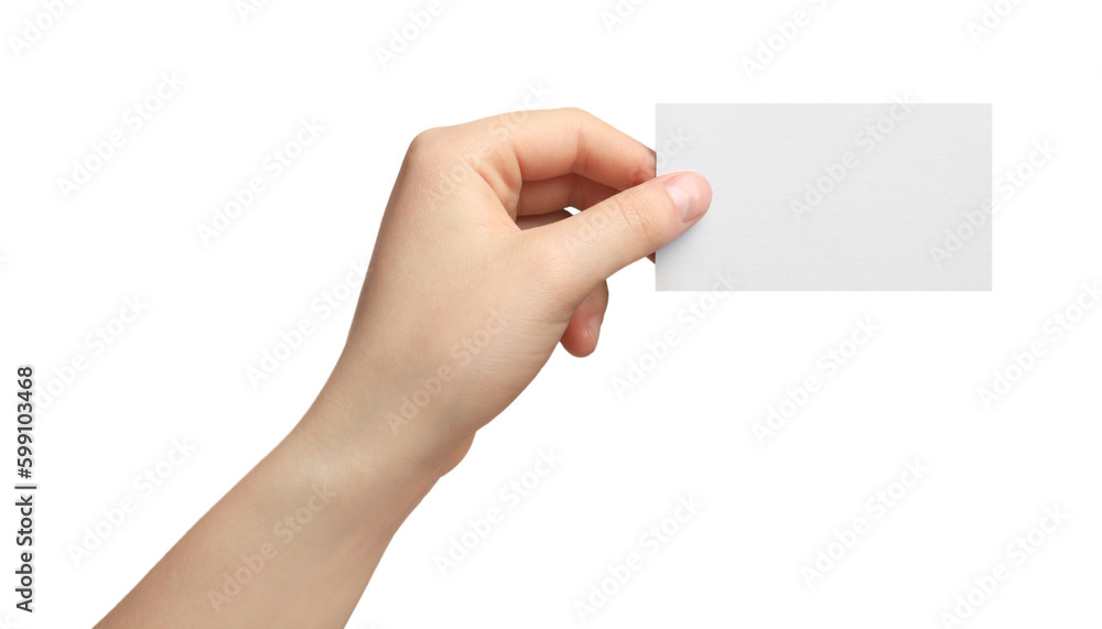 Woman holding blank gift card on white background, closeup Woman holding blank gift card on white background, closeup