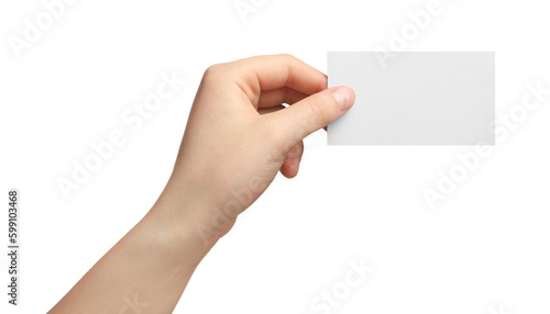 Woman holding blank gift card on white background, closeup