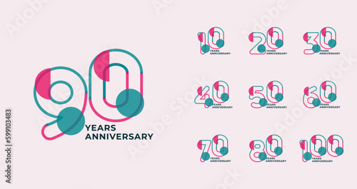 Set of geometric anniversary logo. Anniversary number with overlapping shape concep