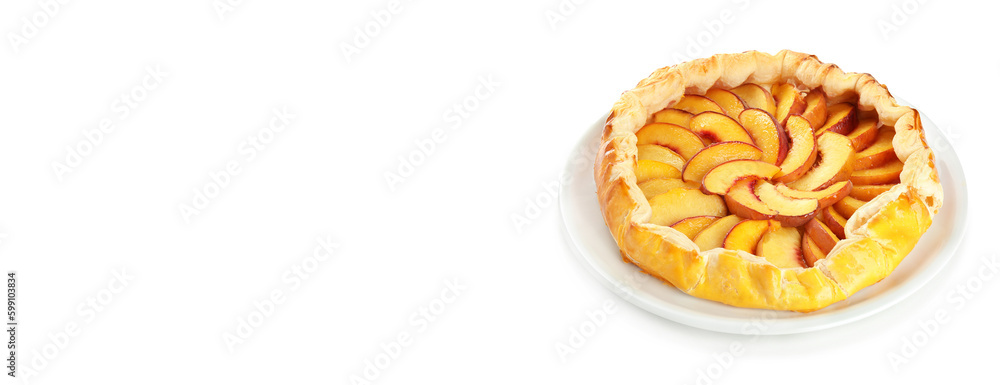 Plate with delicious peach pie on white background. Banner design with space for text Plate with delicious peach pie on white background. Banner design with space for text