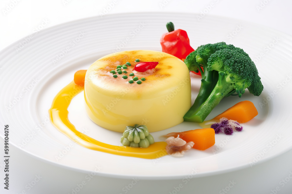 Gyeranjjim, steamed egg custard with vegetables in white plate, AI generative Gyeranjjim, steamed egg custard with vegetables in white plate, AI generative