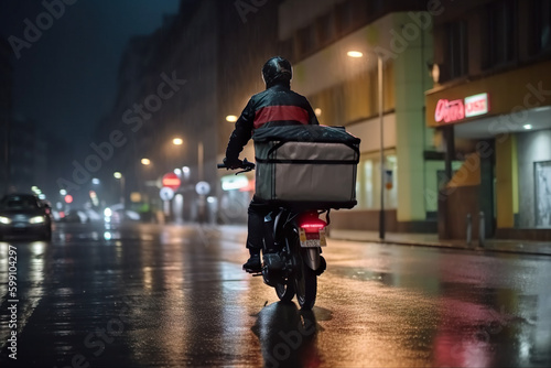 Delivery Man on Motorbike with Food Box driving through town on a rainy night, AI Generative