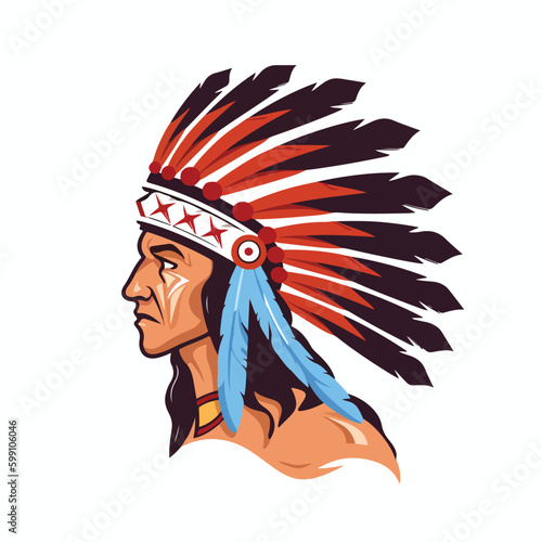 Vector illustration of aborogin apache native american indian face with feather hat traditional ethnic culture
