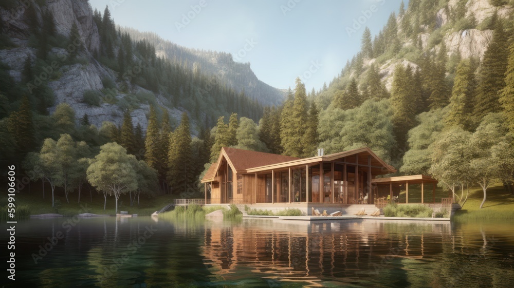 Beautiful modern wooden cottage villa by a lake surrounded by trees in the mountains. Generative AI illustration.