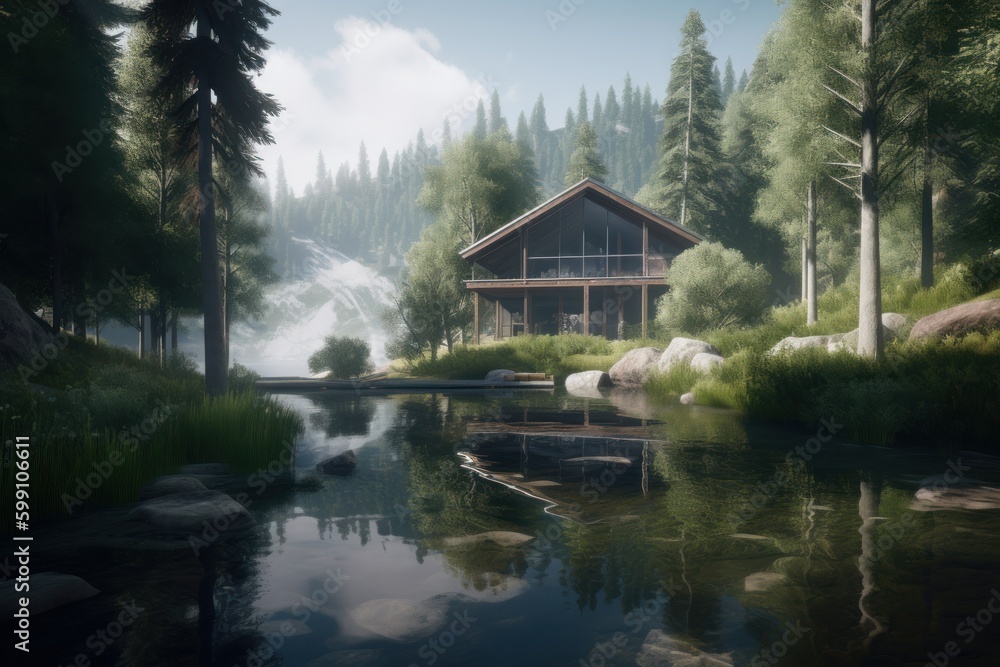Beautiful rustic modern house by the river in the forest. Generative AI illustration.