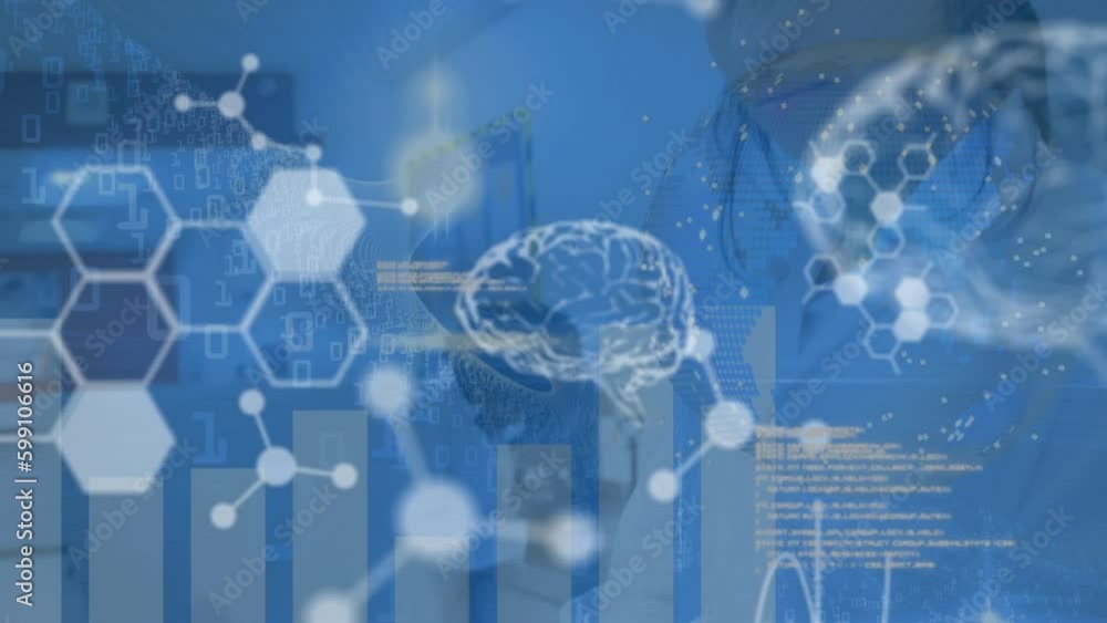 Animation of molecules, digital brains and computer language over biracial woman working on computer Animation of molecules, digital brains and computer language over biracial woman working on computer