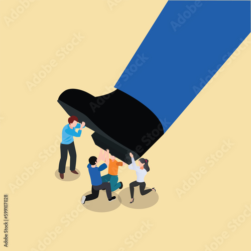 Giant foot step to crush team of business people isometric 3d vector illustration concept for banner, website, illustration, landing page, flyer, etc.