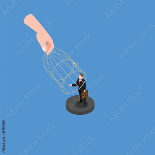 Giant hand capturing businessman with birdcage isometric 3d vector illustration concept for banner, website, illustration, landing page, flyer, etc.
