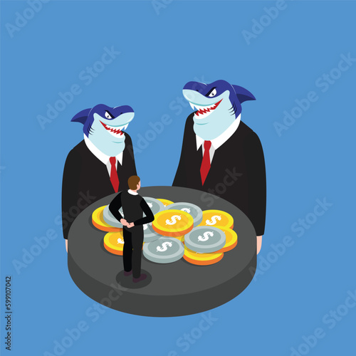 Business man try to make a deal with shark investors isometric 3d vector illustration concept for banner, website, illustration, landing page, flyer, etc.
