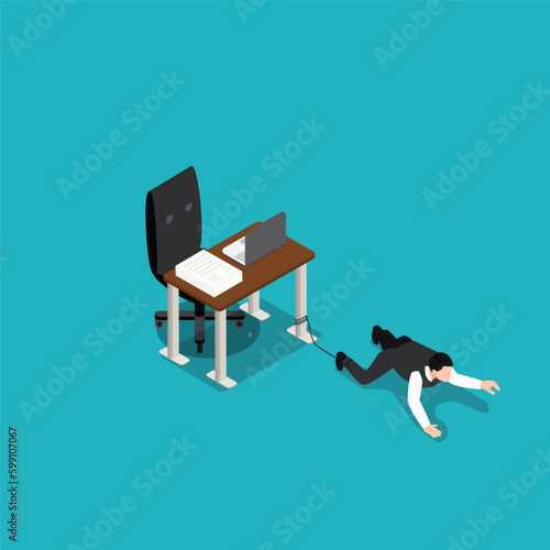Businessman chained to the office desk isometric 3d vector illustration concept for banner, website, illustration, landing page, flyer, etc.