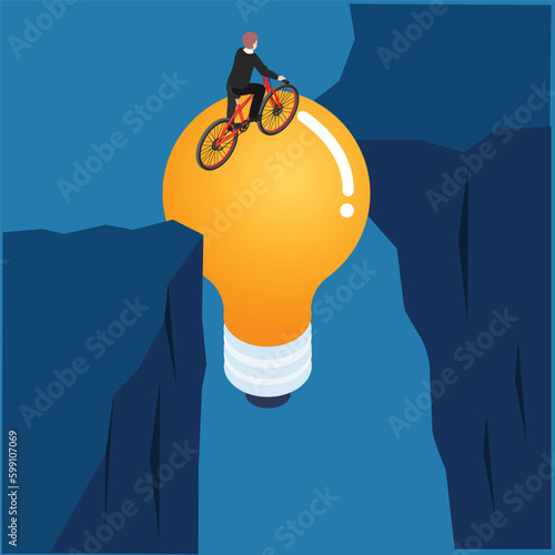 Businessman with bicycle crossing an abyss over a lightbulb isometric 3d vector illustration concept for banner, website, illustration, landing page, flyer, etc.