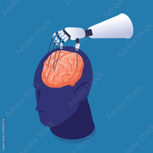 Robotic hand manipulating the human brain isometric 3d vector illustration concept for banner, website, illustration, landing page, flyer, etc.