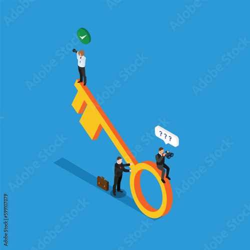 Businessmen stands on the key using telescope looking at the future isometric 3d vector illustration concept for banner, website, illustration, landing page, flyer, etc.
