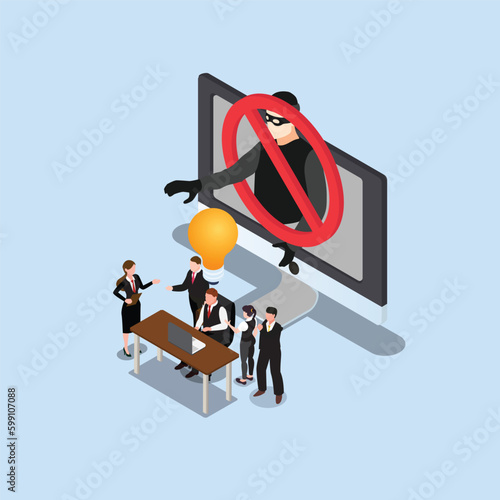 Theft and plagiarism. People copying ideas isometric 3d vector illustration concept for banner, website, illustration, landing page, flyer, etc.