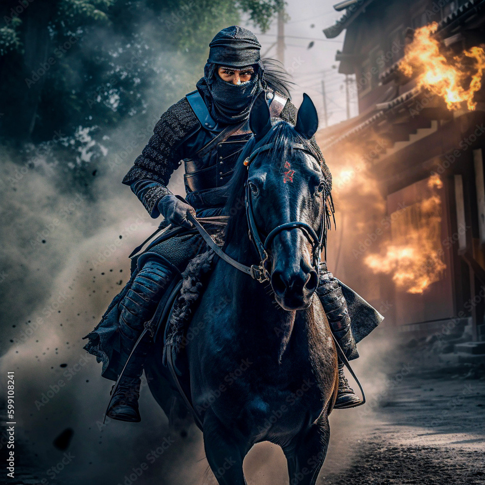 Naklejka premium 煙の中を馬で駆け抜ける忍者 A ninja riding a horse through the smoke \ Generative AI