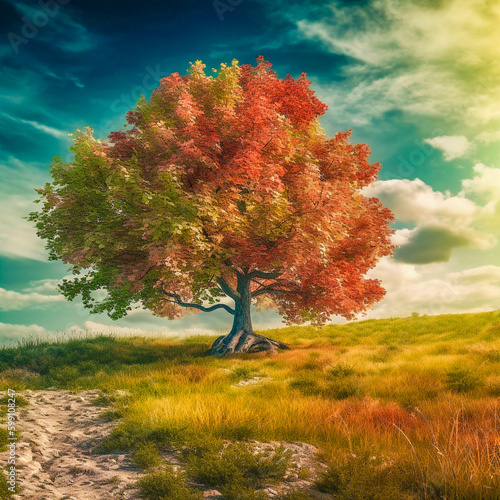 秋の日の壮大な木の風景 Magnificent tree landscape on an autumn day | Generative AI