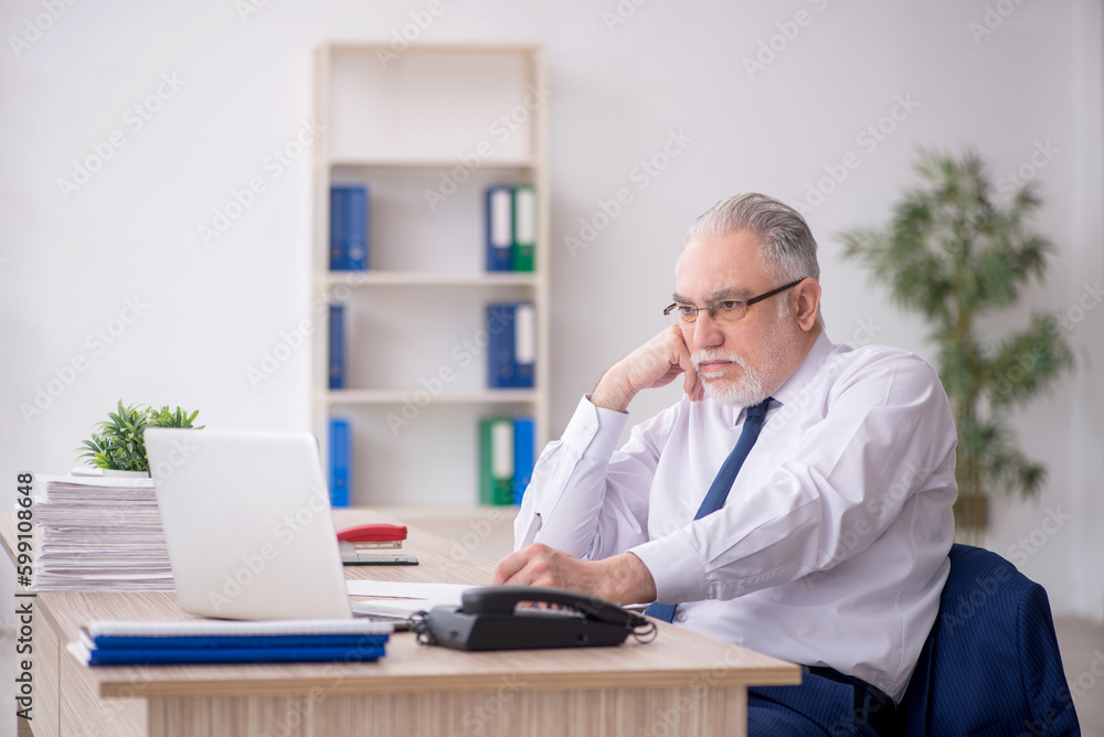 Old male employee working in the office Old male employee working in the office