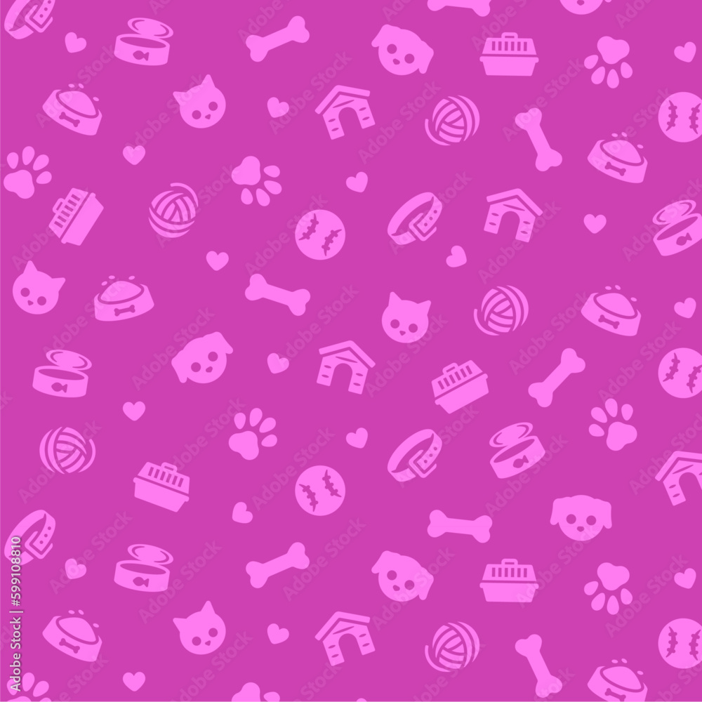 Purple pet icons pattern. Dog and cat related seamless pattern. Animal flat vector illustrations