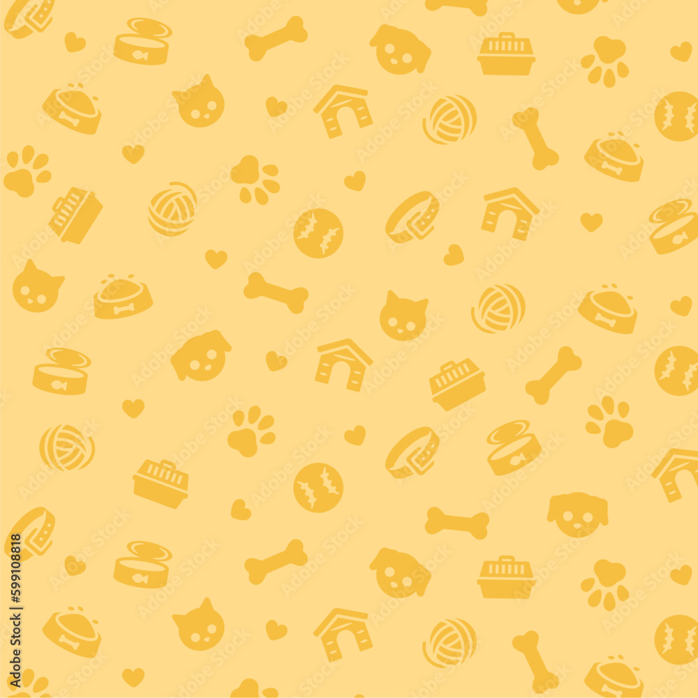 Yellow pet icons pattern. Dog and cat related seamless pattern. Animal flat vector illustrations Yellow pet icons pattern. Dog and cat related seamless pattern. Animal flat vector illustrations
