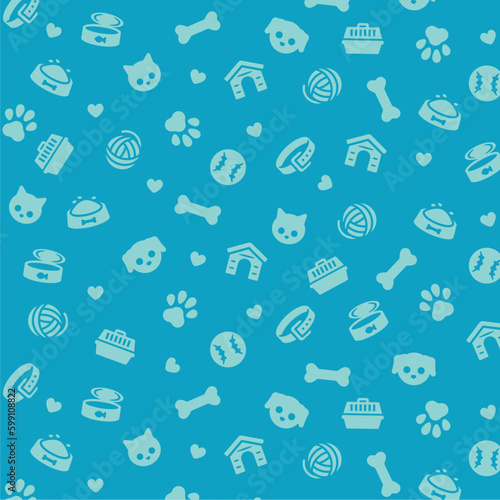 Blue pet icons pattern. Dog and cat related seamless pattern. Animal flat vector illustrations