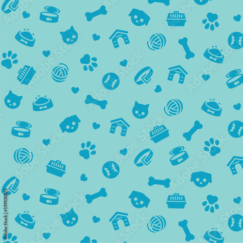 Blue pet icons pattern. Dog and cat related seamless pattern. Animal flat vector illustrations