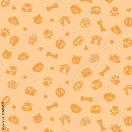 Orange pet icons pattern. Dog and cat related seamless pattern. Animal flat vector illustrations
