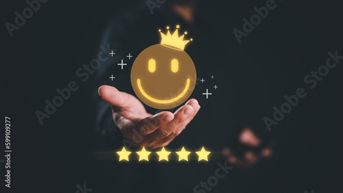 Businessman showing happy smile relax face, good feedback rating, think positive, customer review, assessment, satisfaction, world mental health day, Calm mood, good mental health, good mood. 5-star