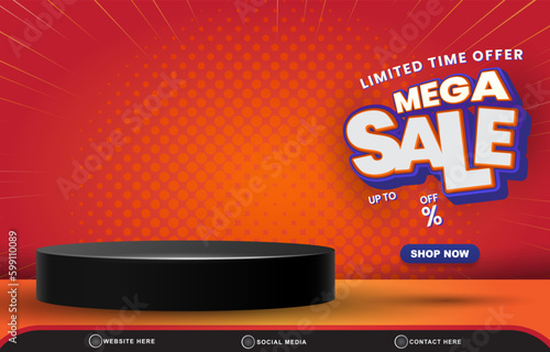 limited mega sale discount template banner with blank space 3d podium for product sale with abstract gradient red background design