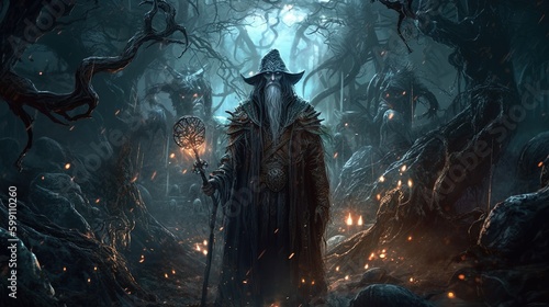 wizard on demonic forest, digital art illustration, Generative AI