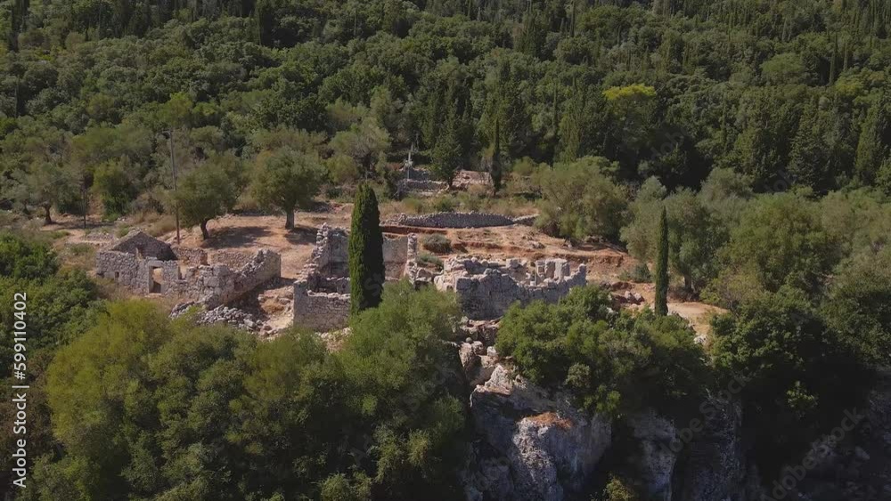 Drone shooting parallax of ancient ruins of Odysseus' palace in Ithaka, archeological exavation site. Drone shooting parallax of ancient ruins of Odysseus' palace in Ithaka, archeological exavation site.
