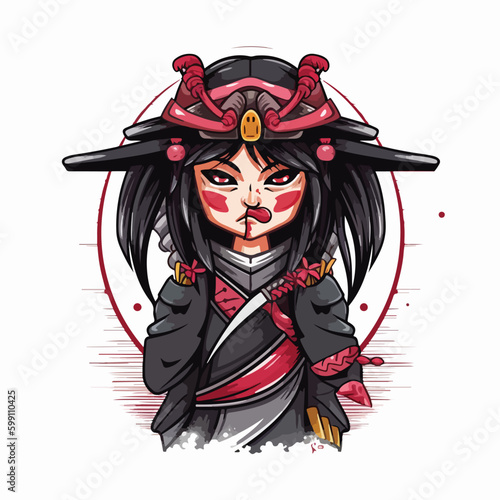 Traditional japanese geisha girl wearing samurai warrior costume and devil oni mask cartoon vector illustration