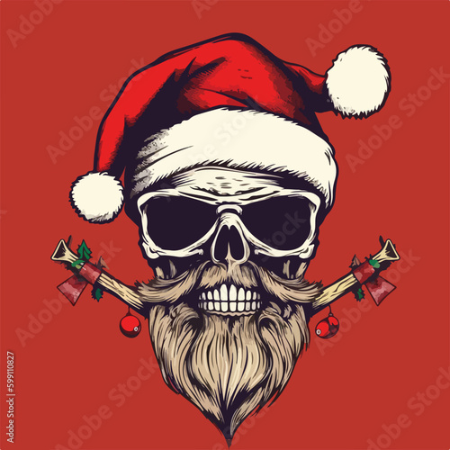 Vector illustration of cool skull head santa claus christmas with red cap hat and glasses vintage retro style