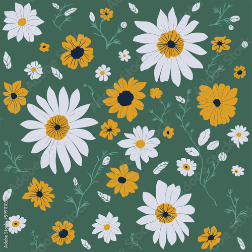 Sunflower and white daisy pattern. Hand drawn floral doodles, sunflower, white daisy, leaves.