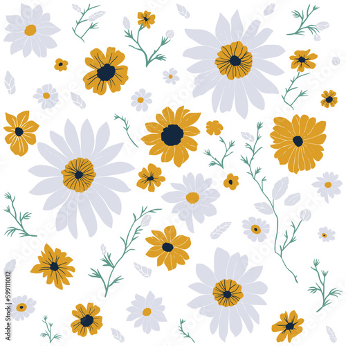 Sunflower and white daisy pattern. Hand drawn floral doodles, sunflower, white daisy, leaves.