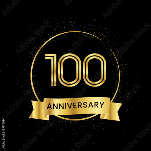 100 years anniversary inside a golden circle and glitter spread on a black background. Golden number anniversary